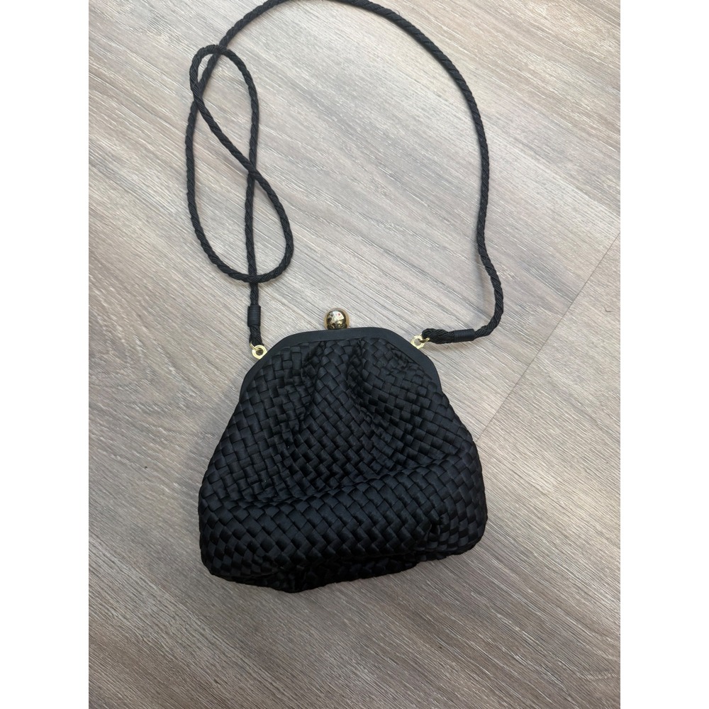 Talbots Womens Crossbody Bag Mini Black Woven Satin Formal Evening Cocktail